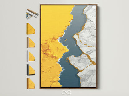 Explore frame options for abstract gold river canvas artwork. See a brown frame around modern teal wall art. All available frame styles are displayed. Find the perfect frame for your contemporary office or home artwork.