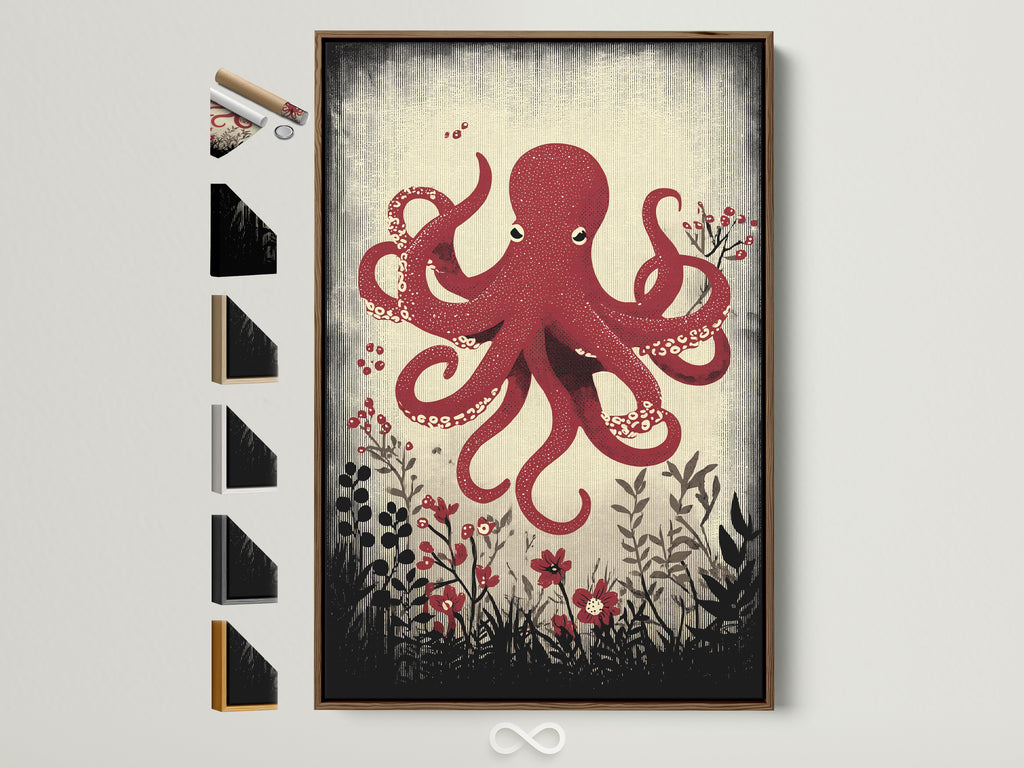 Framed red octopus artwork with a brown frame. The artwork features a red octopus surrounded by flowers and foliage. Frame options are displayed on the side. Nautical wall art for any room. Coastal home decor at its finest.