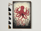 Framed red octopus artwork with a brown frame. The artwork features a red octopus surrounded by flowers and foliage. Frame options are displayed on the side. Nautical wall art for any room. Coastal home decor at its finest.