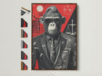 Cool Gorilla Art Print in a brown frame. The artwork features a monkey dressed as a lawyer. Scales of justice are in the background. Discover all frame options to perfectly match your decor