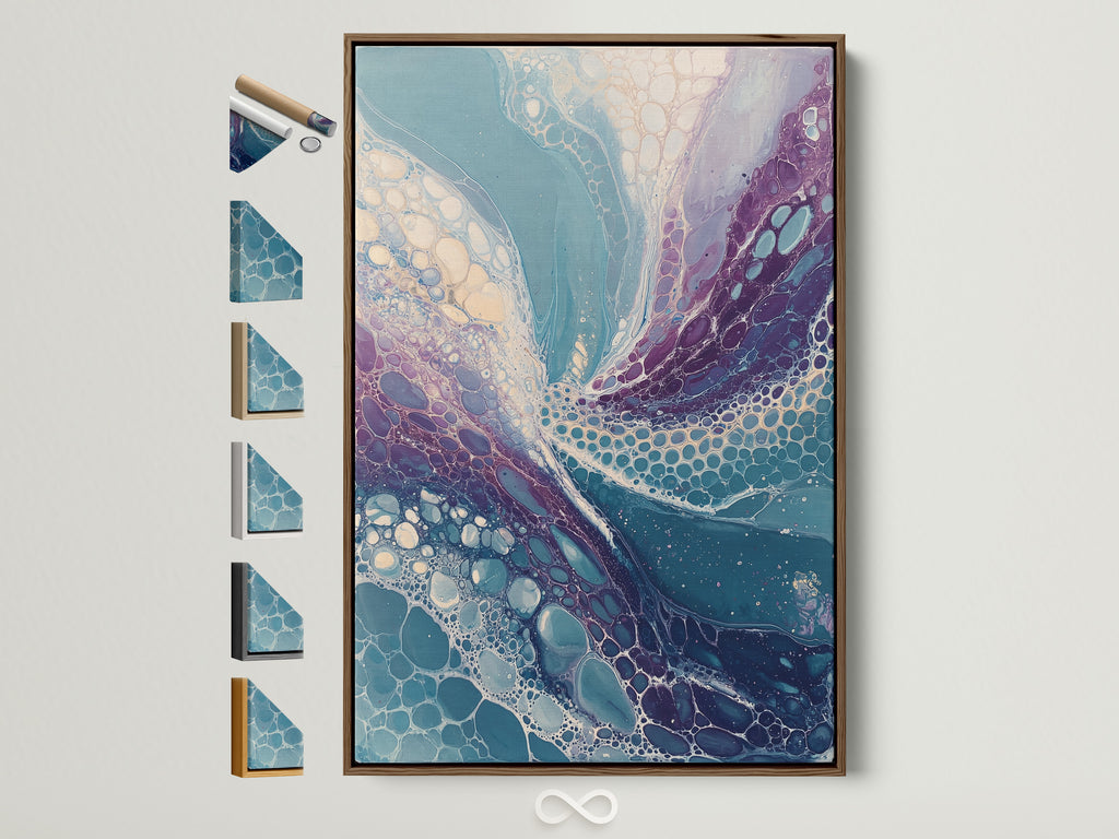 A stunning abstract fluid art piece is displayed in a brown frame. All frame options are visible on the side. The artwork features teal and purple hues. It is perfect for adding a touch of modern elegance to any room. Elevate your living space with this captivating piece of contemporary art.