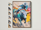 Explore cowboy rodeo canvas art in a brown frame. This western bull rider wall print adds colorful abstract western decor to any man cave wall. Discover frame options on the side for personalized art.