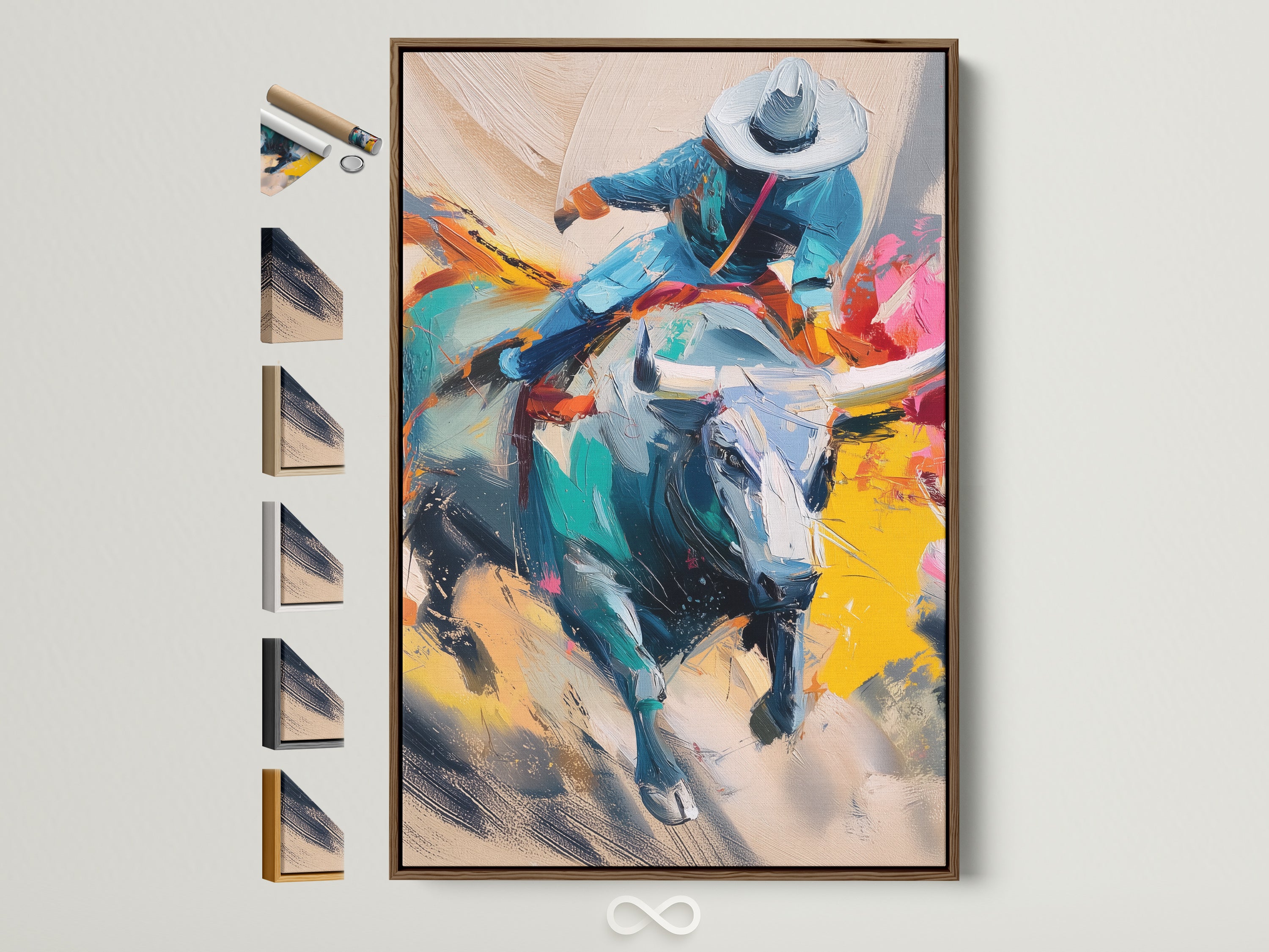 Explore cowboy rodeo canvas art in a brown frame. This western bull rider wall print adds colorful abstract western decor to any man cave wall. Discover frame options on the side for personalized art.