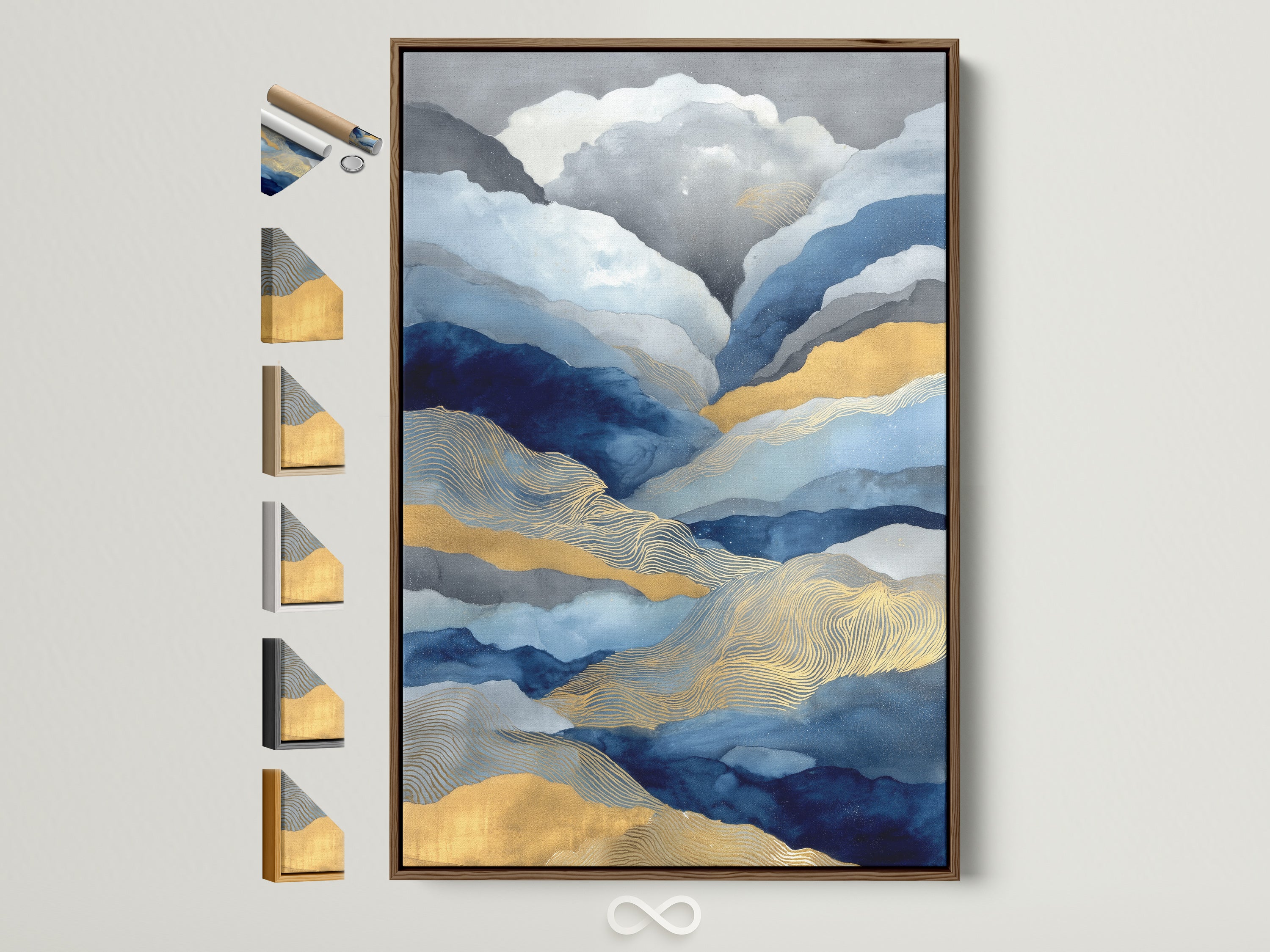 Brown frame showcasing abstract mountain artwork. The artwork features blue and gold colors. Explore frame options for this modern nature art print. Perfect office wall decor.