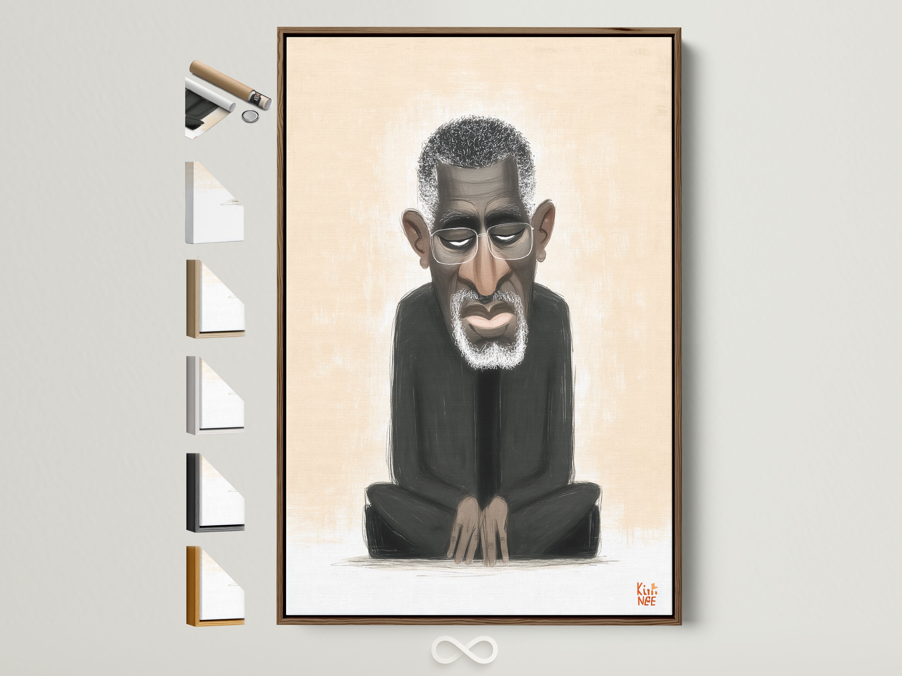 A brown frame displays a caricature art print. The artwork features a black man in a seated position. The frame options are visible on the side. This is modern minimalist wall art.