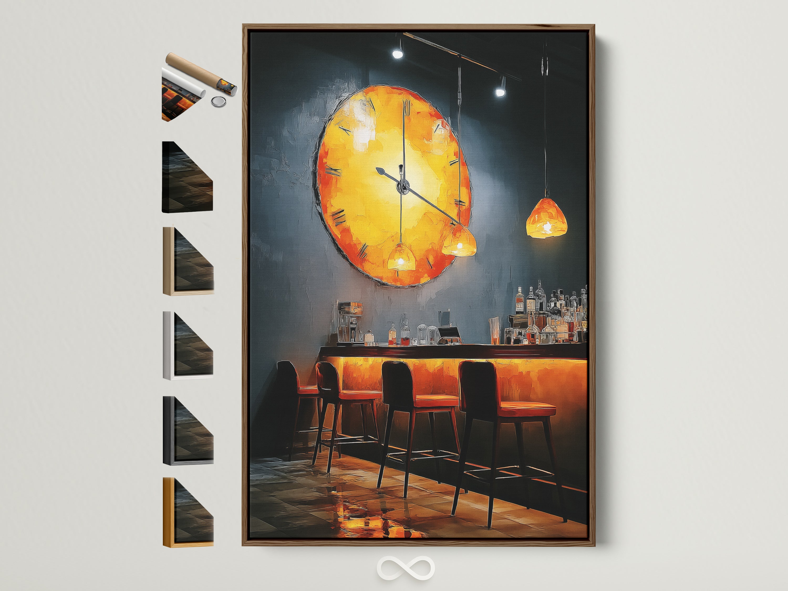 Brown frame displays a captivating bar scene artwork. Find all available frame options here. Discover moody restaurant wall art perfect for dining spaces. Elevate your decor with this abstract clock artwork.