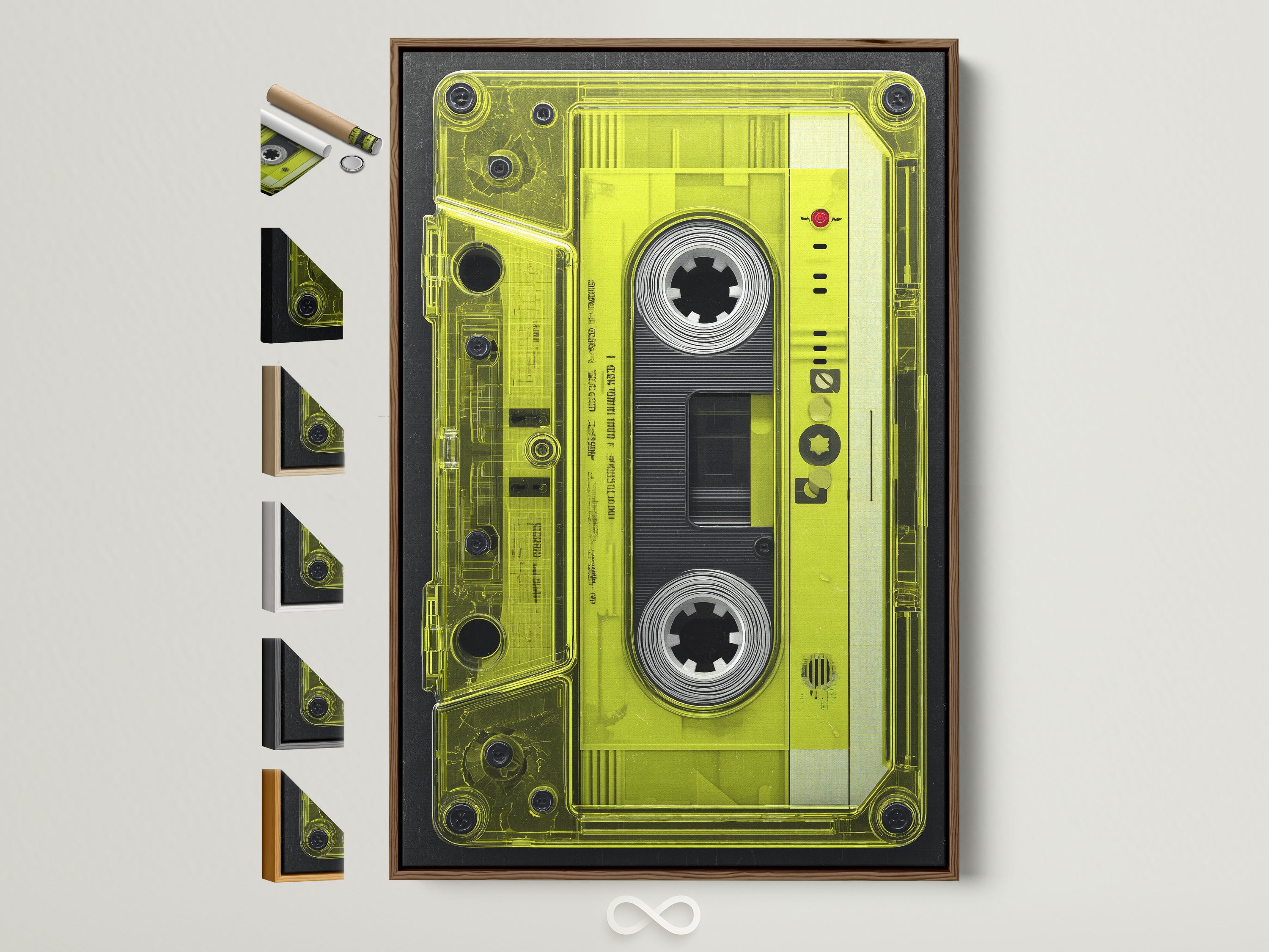 Vintage Cassette Tape artwork with a brown frame. This retro music wall decor brings 80s nostalgia. Neon green art enhances any music room. Explore frame options for cassette wall art. This piece is a perfect music lover gift.