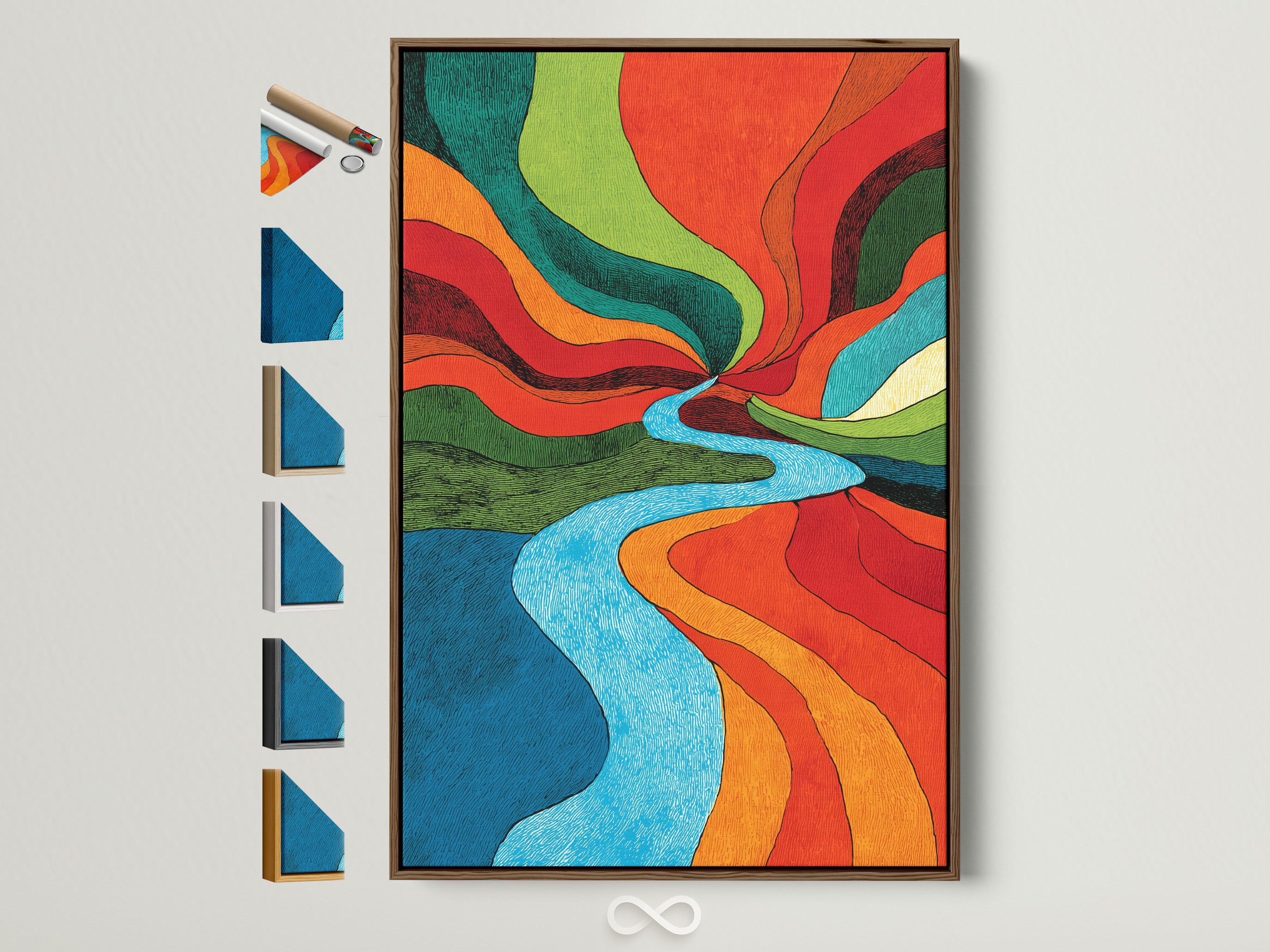 Artwork with a brown frame displays various frame options. This showcases the versatility and aesthetic appeal. See how different frames enhance the artwork. Find the perfect frame to complement your art.