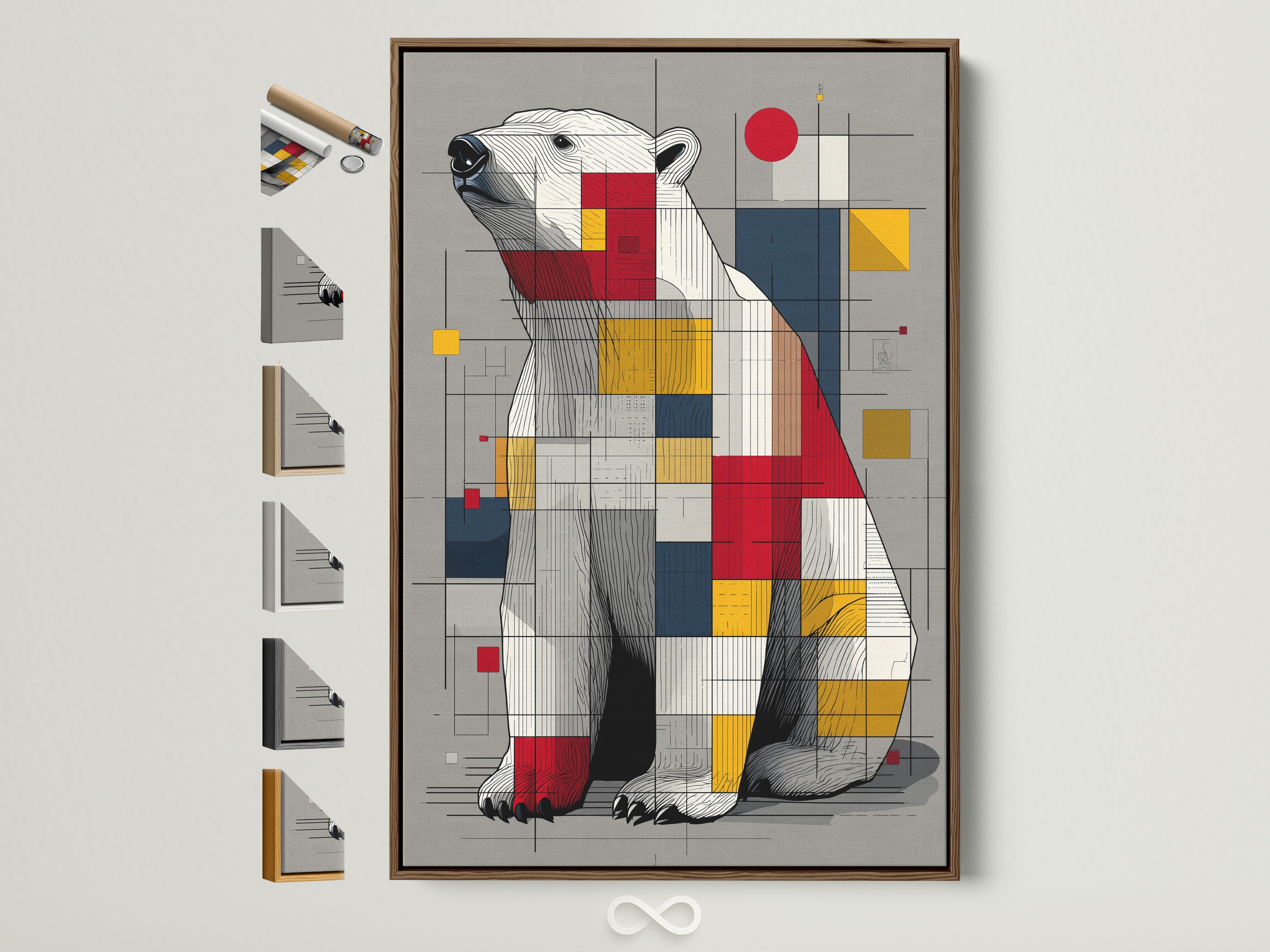Artwork with a brown frame. The artwork is of a polar bear. The polar bear art is made up of squares and lines. Many frame options are displayed on the side. Ready to hang in any room. A great piece of art for your home or office.