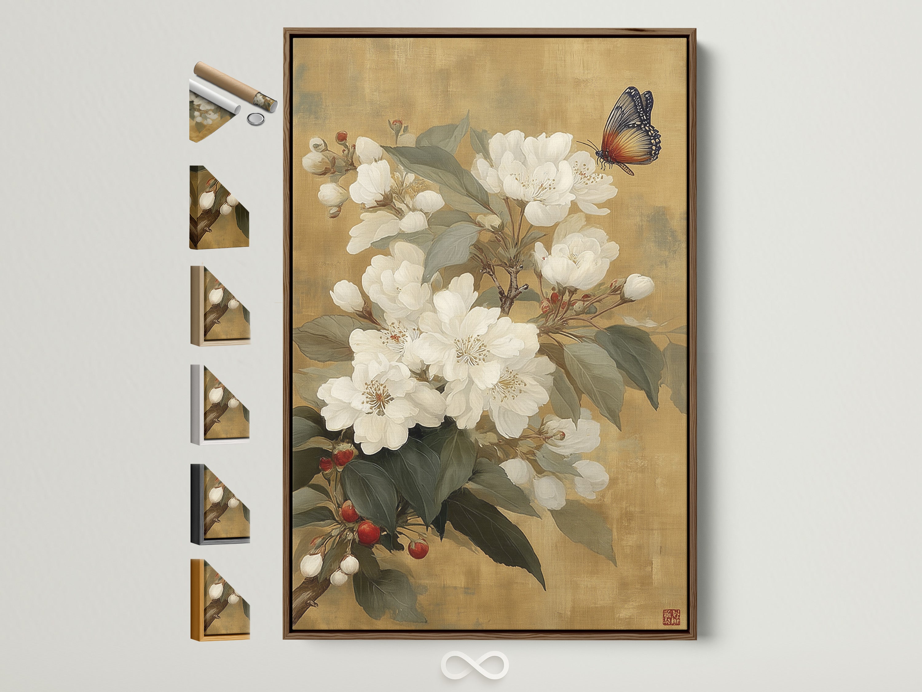 Vintage botanical artwork featuring white flowers and a butterfly. The art nouveau print is framed in a brown frame. Discover framed art prints perfect for minimalist bedroom decor. Explore our range of frame options for your art prints. Find the ideal frame to complement your style.