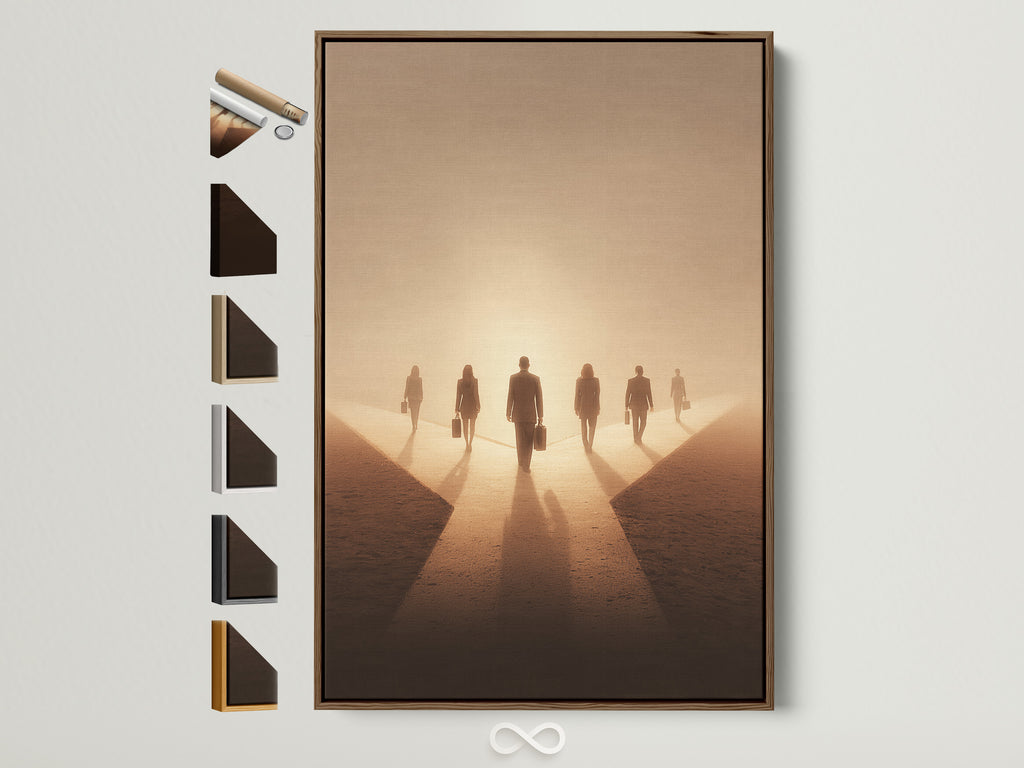Artwork with a brown frame. The artwork features people walking into the light. All frame options are available. This is a great piece of art to have in your home or office. It is sure to add a touch of elegance to any room.