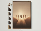 Artwork with a brown frame. The artwork features people walking into the light. All frame options are available. This is a great piece of art to have in your home or office. It is sure to add a touch of elegance to any room.