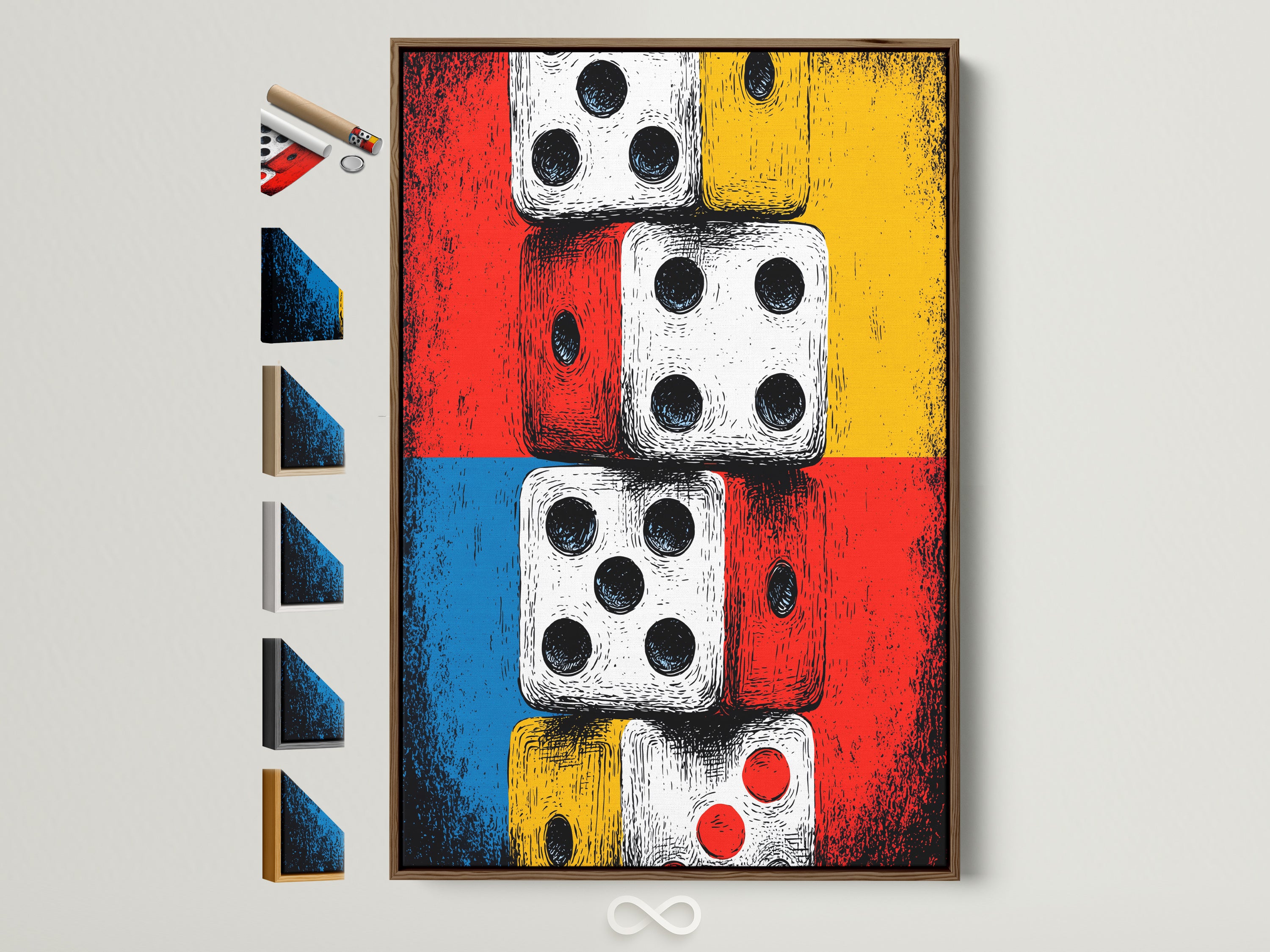 A colorful dice artwork is displayed in a brown frame. All frame options are neatly arranged on the side. Ideal for game rooms or eclectic spaces. Bring a touch of retro charm to your walls with this vintage pop artwork. Perfect for man caves and office decor.