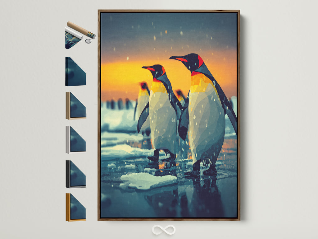 Penguin Wall Art in a brown frame. The artwork features arctic wildlife with sunset colors. Various frame options are displayed. Perfect art for a kids room or nursery.
