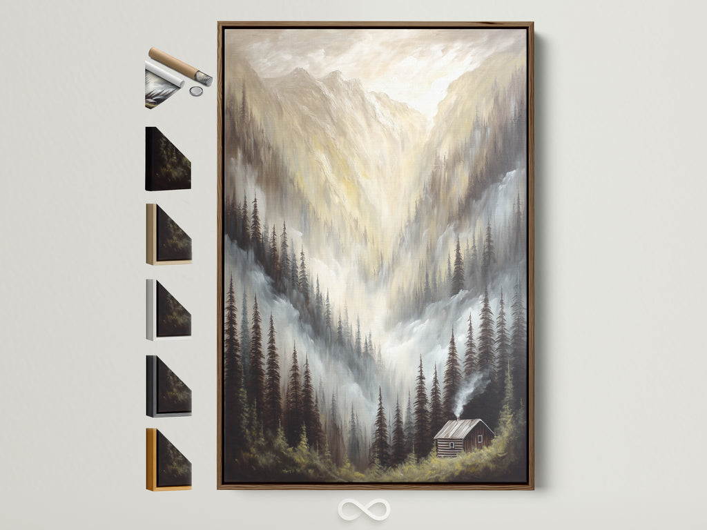 Mountain Cabin Canvas Print with a brown frame. This rustic wall art features a misty forest scene. It's neutral-toned nature artwork for home decor. Explore framing options. Perfect for adding a touch of wilderness to your space. Shop now for landscape wall art.