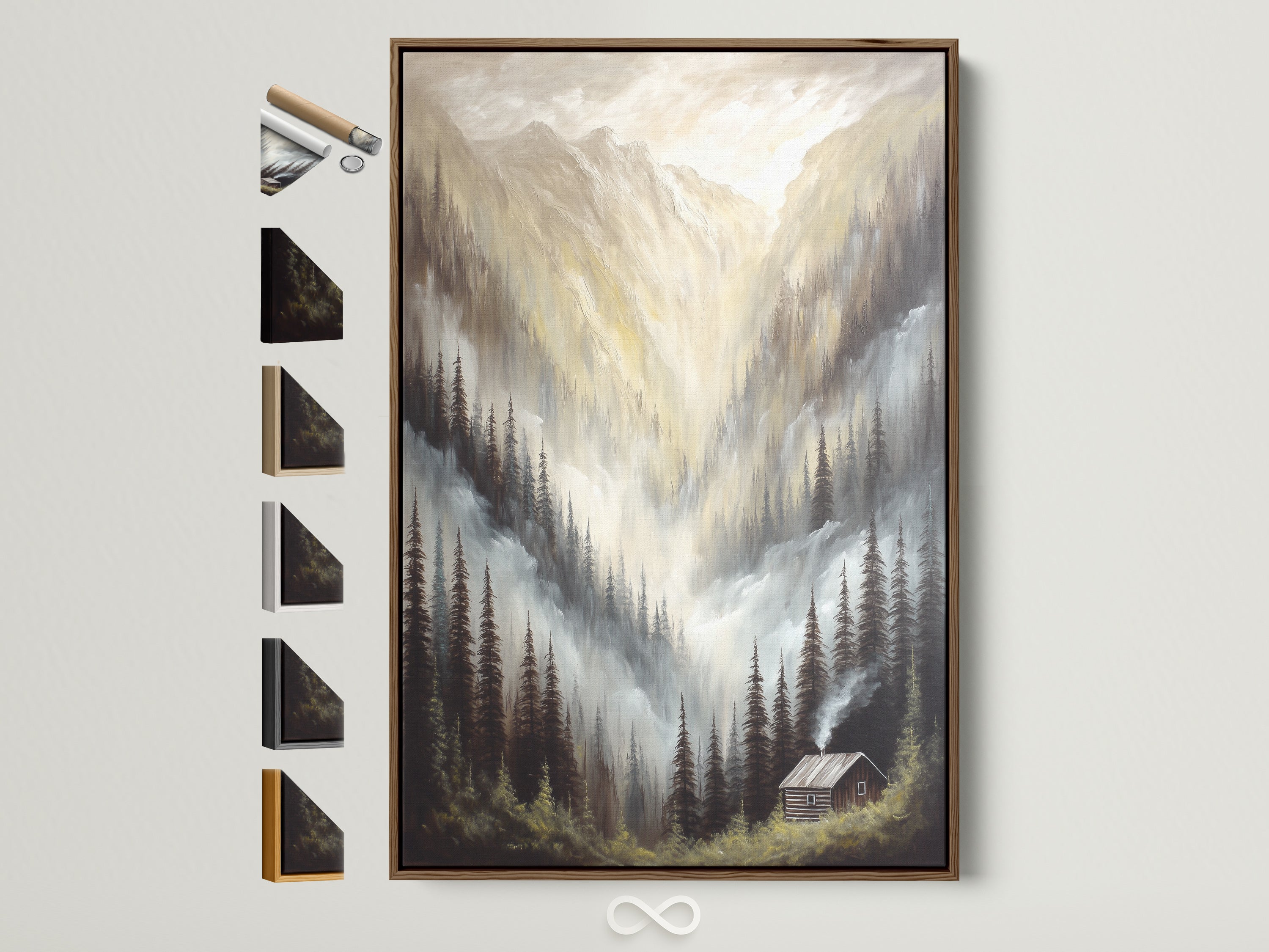 Mountain Cabin Canvas Print with a brown frame. This rustic wall art features a misty forest scene. It's neutral-toned nature artwork for home decor. Explore framing options. Perfect for adding a touch of wilderness to your space. Shop now for landscape wall art.
