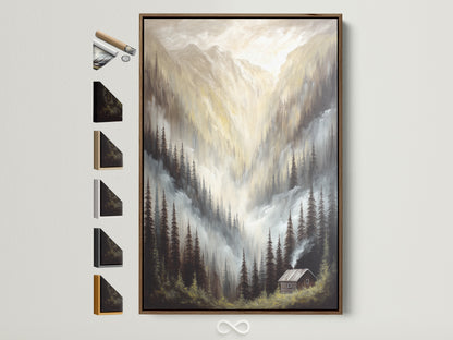Mountain Cabin Canvas Print with a brown frame. This rustic wall art features a misty forest scene. It's neutral-toned nature artwork for home decor. Explore framing options. Perfect for adding a touch of wilderness to your space. Shop now for landscape wall art.