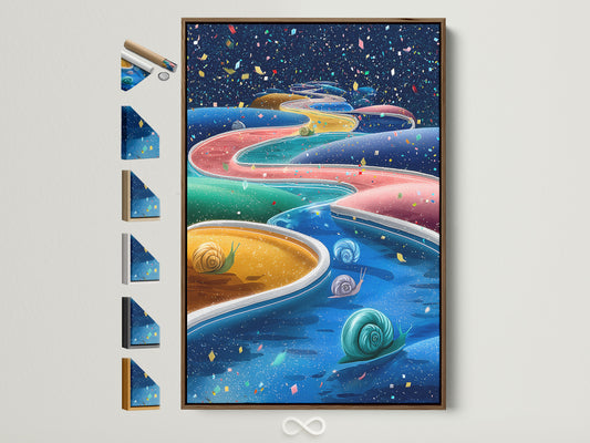 Whimsical snail artwork in a brown frame. This colorful abstract wall art is perfect for a playful kids room decor. The turquoise blue artwork adds a modern touch. Frame options are displayed beside the art. Perfect for parents and educators.