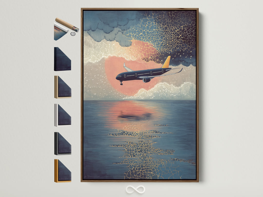 Elevate your space with our airplane canvas print. This sunset flight wall art features a coastal sky artwork. It is displayed in a brown frame with various frame options. Perfect aviation poster for office decor. A modern print that brings blue orange art to life.