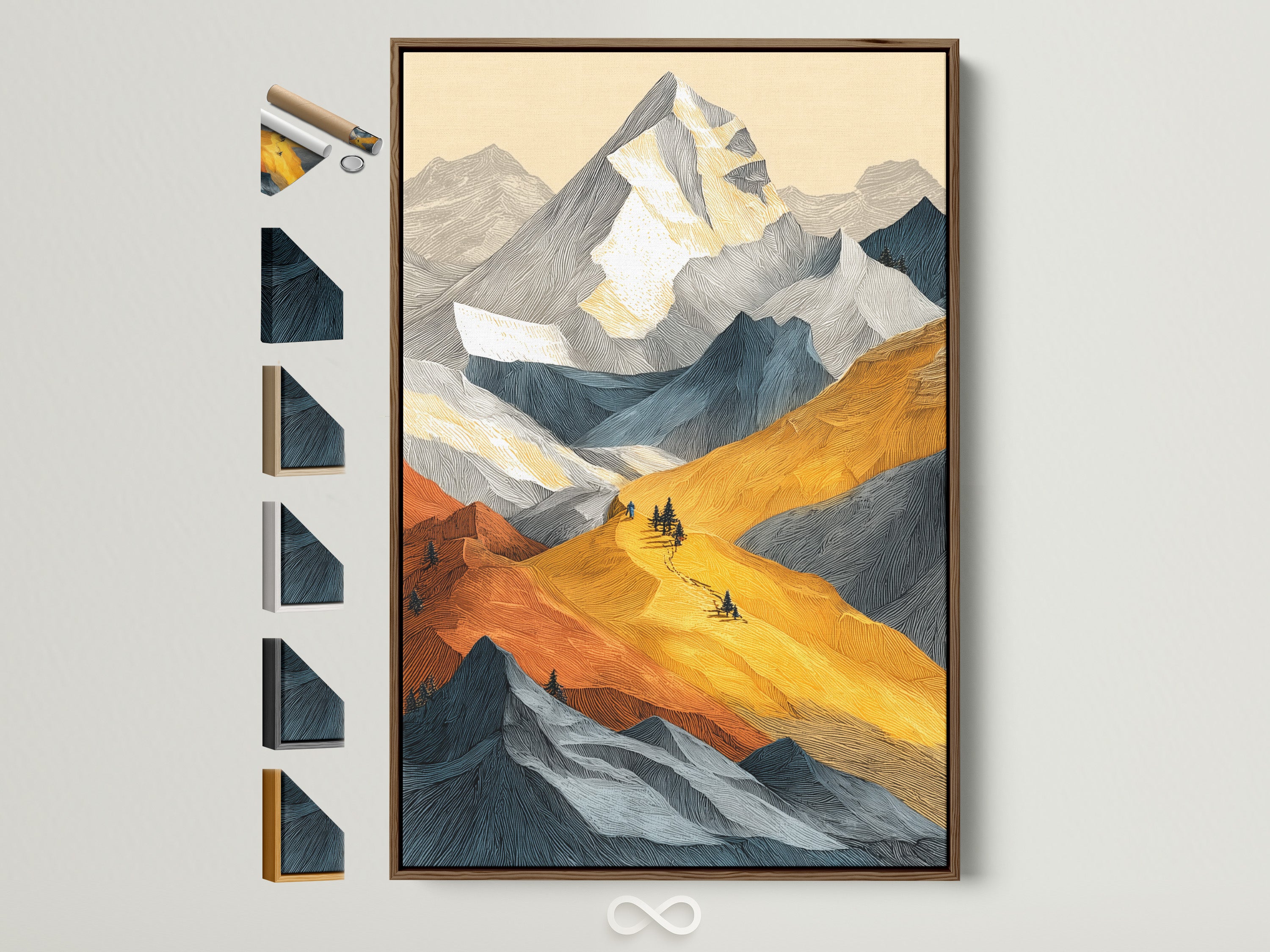 Mountain landscape artwork framed in a brown frame. The art features alpine peaks and golden autumn colors. Frame options are displayed on the side showing the variety available. Perfect modern nature print for any office or home.