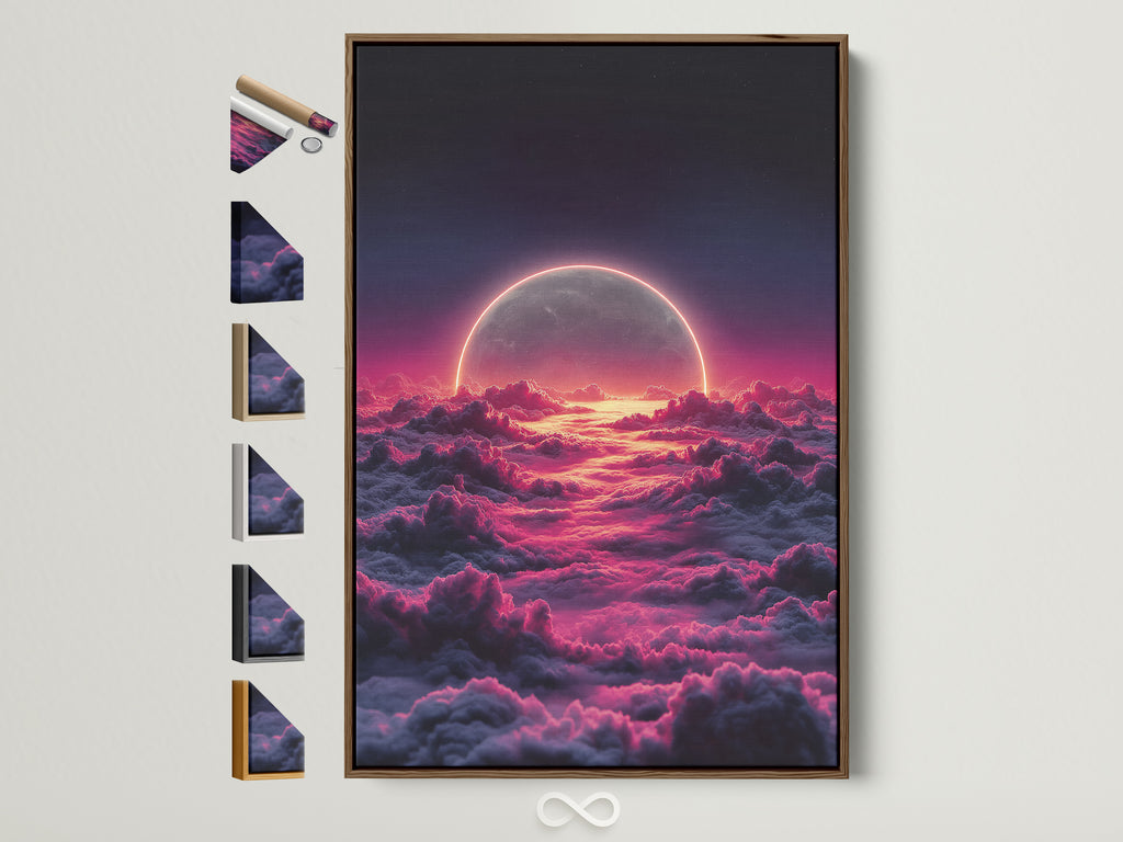 A celestial moon canvas print in a brown frame is displayed with all frame options. The pink cloud wall art adds a dreamy touch. Perfect bedroom wall decor. Consider this moon canvas to elevate your modern wall art. It will bring a unique touch to your space.