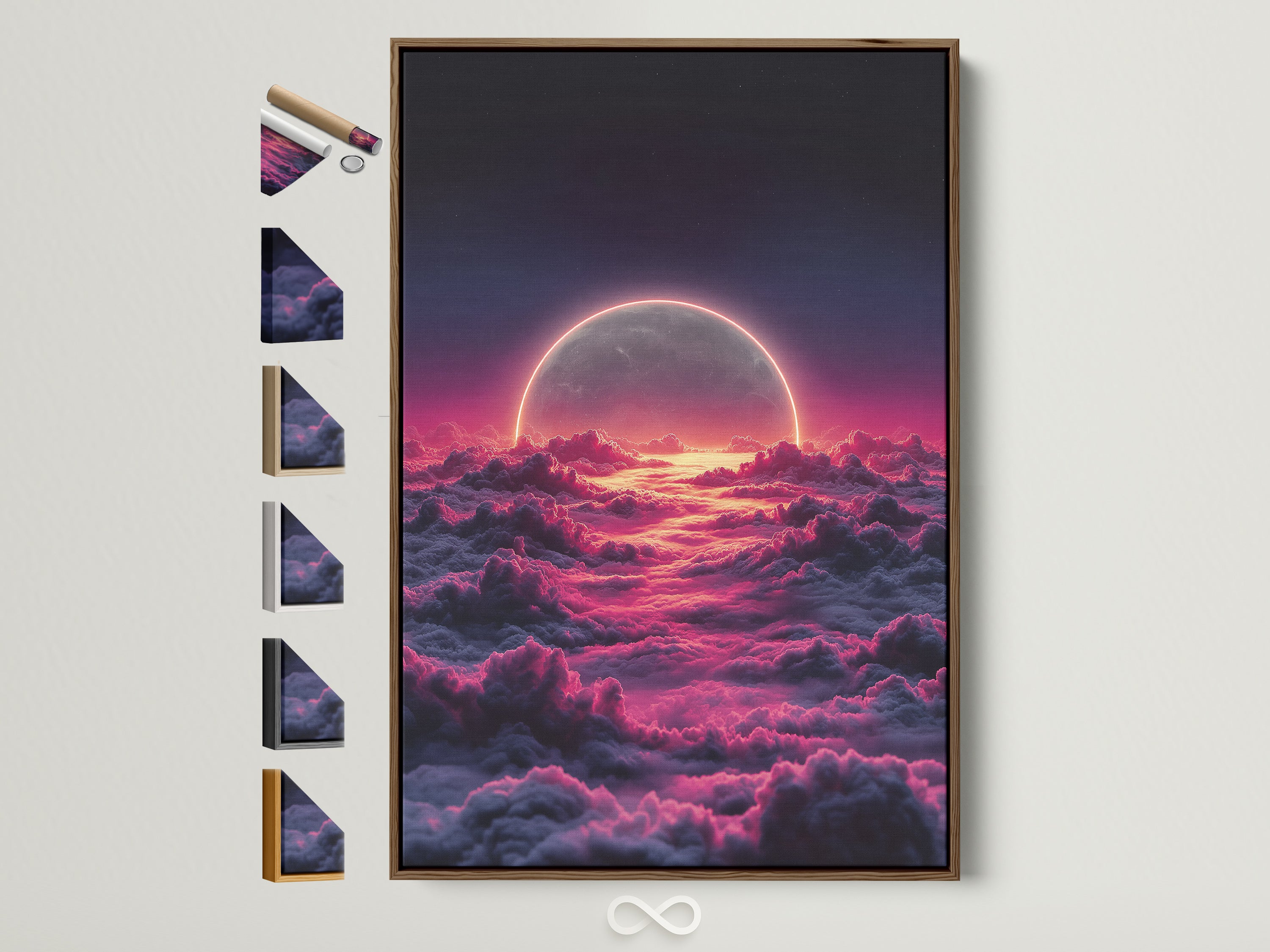 A celestial moon canvas print in a brown frame is displayed with all frame options. The pink cloud wall art adds a dreamy touch. Perfect bedroom wall decor. Consider this moon canvas to elevate your modern wall art. It will bring a unique touch to your space.