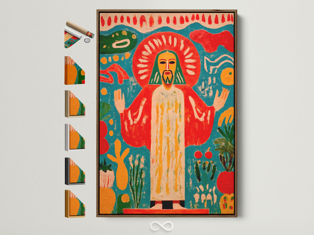 Folk Art Canvas Print displayed in a Brown Frame. See all available frame options. This sacred heart artwork adds colorful religious art to any bedroom spiritual decor. The bohemian eclectic style is a great addition.