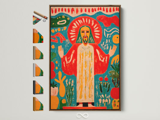 Folk Art Canvas Print displayed in a Brown Frame. See all available frame options. This sacred heart artwork adds colorful religious art to any bedroom spiritual decor. The bohemian eclectic style is a great addition.