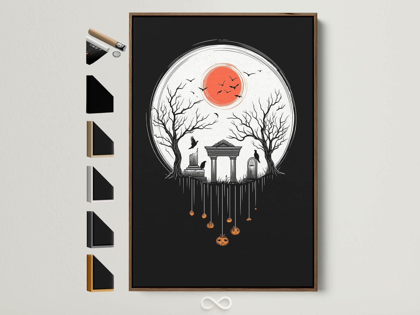 A Halloween Night canvas print is displayed in a brown frame. See all our frame options available. This spooky cemetery wall art adds a gothic touch to your fall season decor. A perfect gift for any Halloween lover.