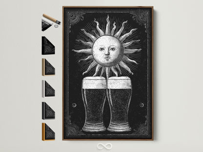 Framed artwork featuring a vintage sun illustration is displayed. The art print showcases two beer glasses beneath the sun. This brown frame is versatile. See all our frame options available for your perfect art piece.