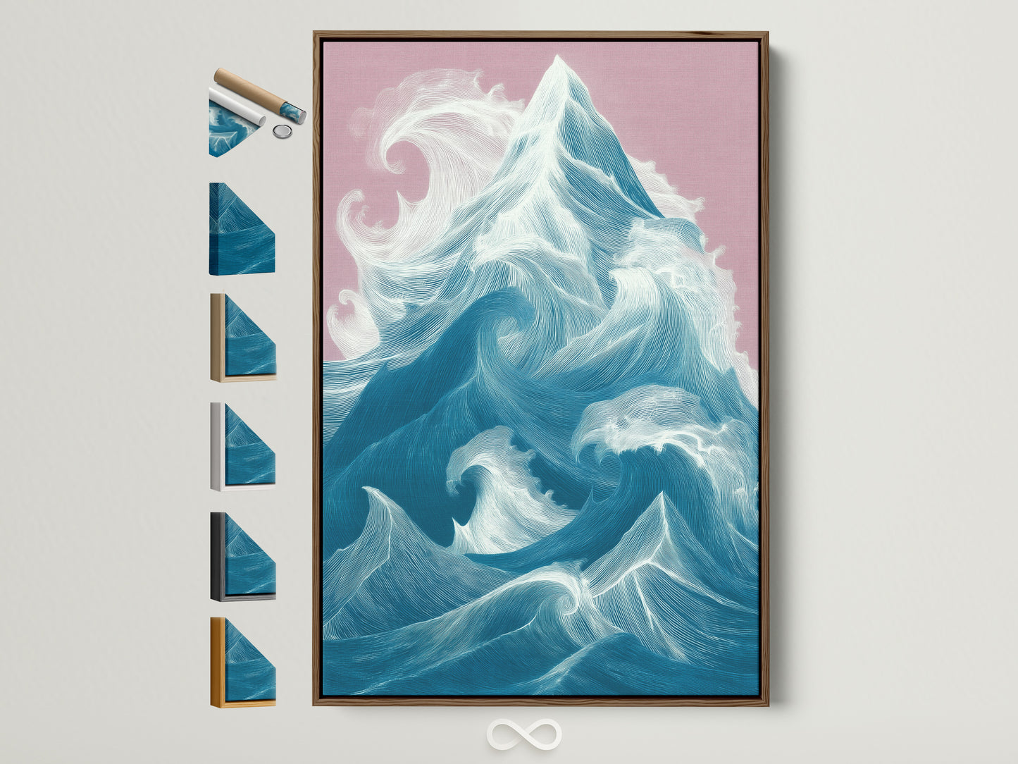 Ocean Wave art in a Brown frame. Frame options are displayed on the side. Discover coastal wall decor that elevates minimalist Scandinavian or coastal styles. Teal and White Coastal Wall Art for your space.
