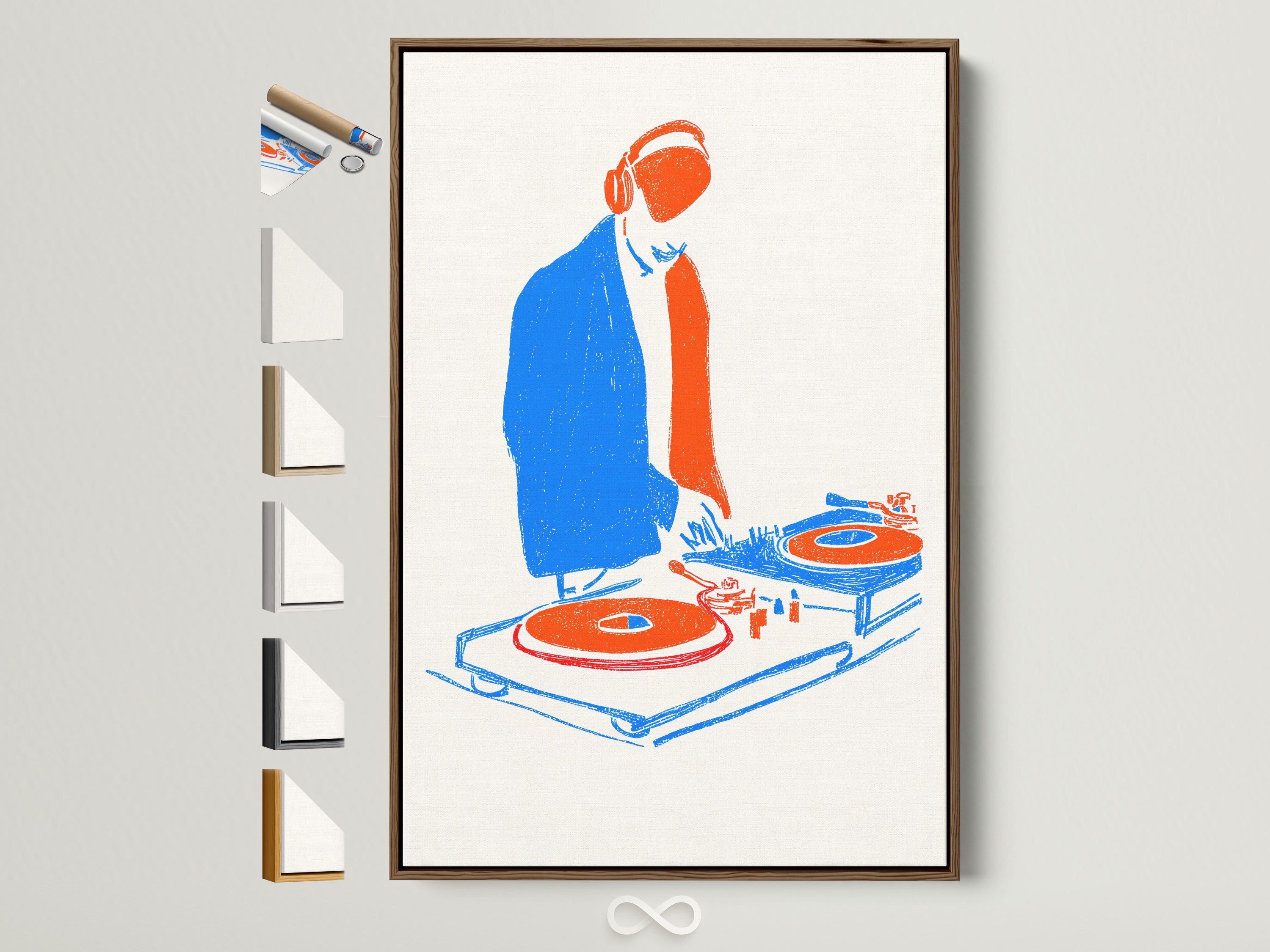 DJ Turntable art print in a brown frame. The artwork features a DJ with headphones. They are standing at a turntable. The art print enhances music room decor. It also elevates hip hop studio wall art. The brown frame complements the mid-century style. This is a great retro poster for music lovers.