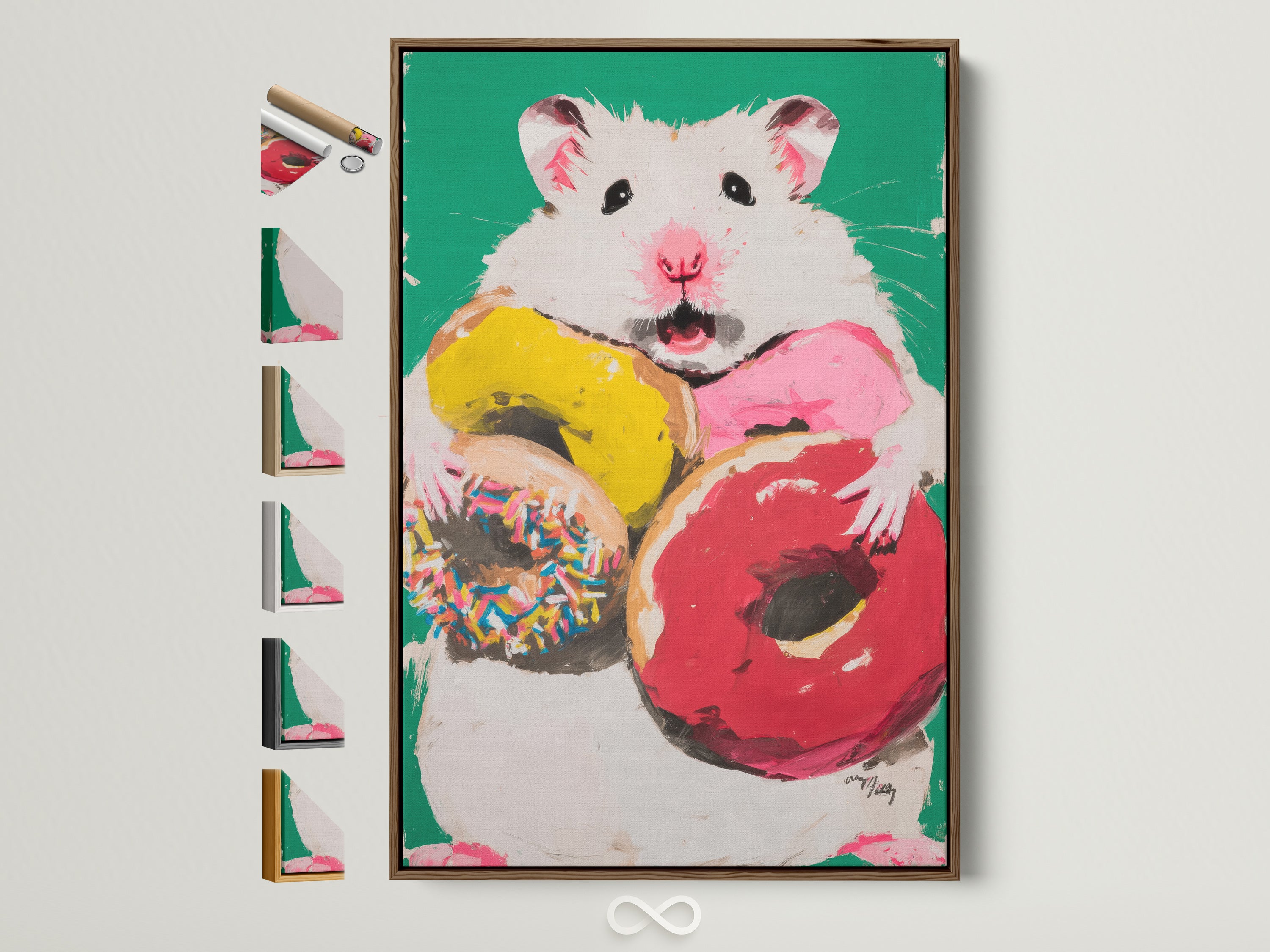A hamster clutches donuts in this cute animal art print. The brown frame complements the playful wall decor. See all frame options available for this colorful canvas artwork. Perfect for kids' rooms or nursery wall art.
