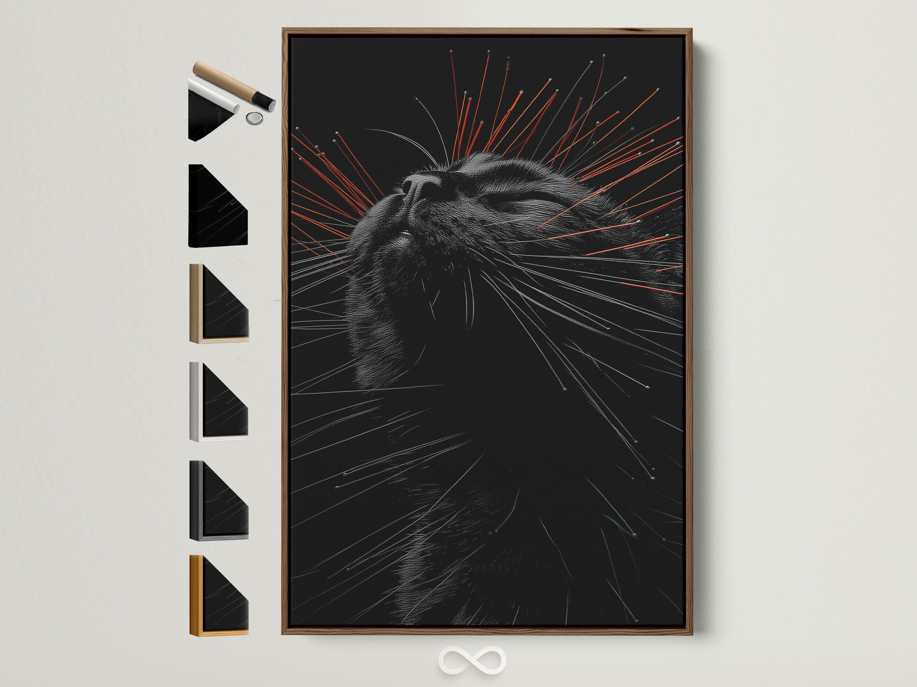 A brown cat portrait frame is showcased with various frame style samples on the side. Explore our artwork options for feline canvas prints pet portraits and minimalist animal art. Find the perfect art piece to express your style.