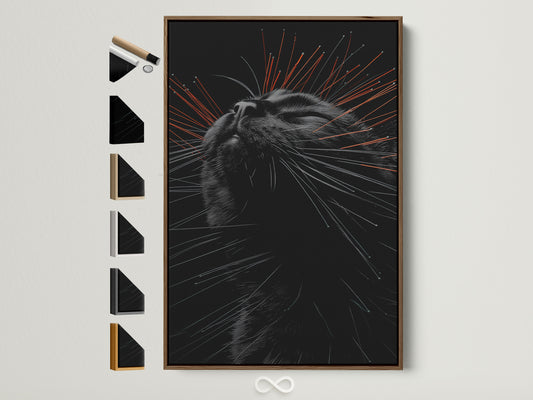 A brown cat portrait frame is showcased with various frame style samples on the side. Explore our artwork options for feline canvas prints pet portraits and minimalist animal art. Find the perfect art piece to express your style.