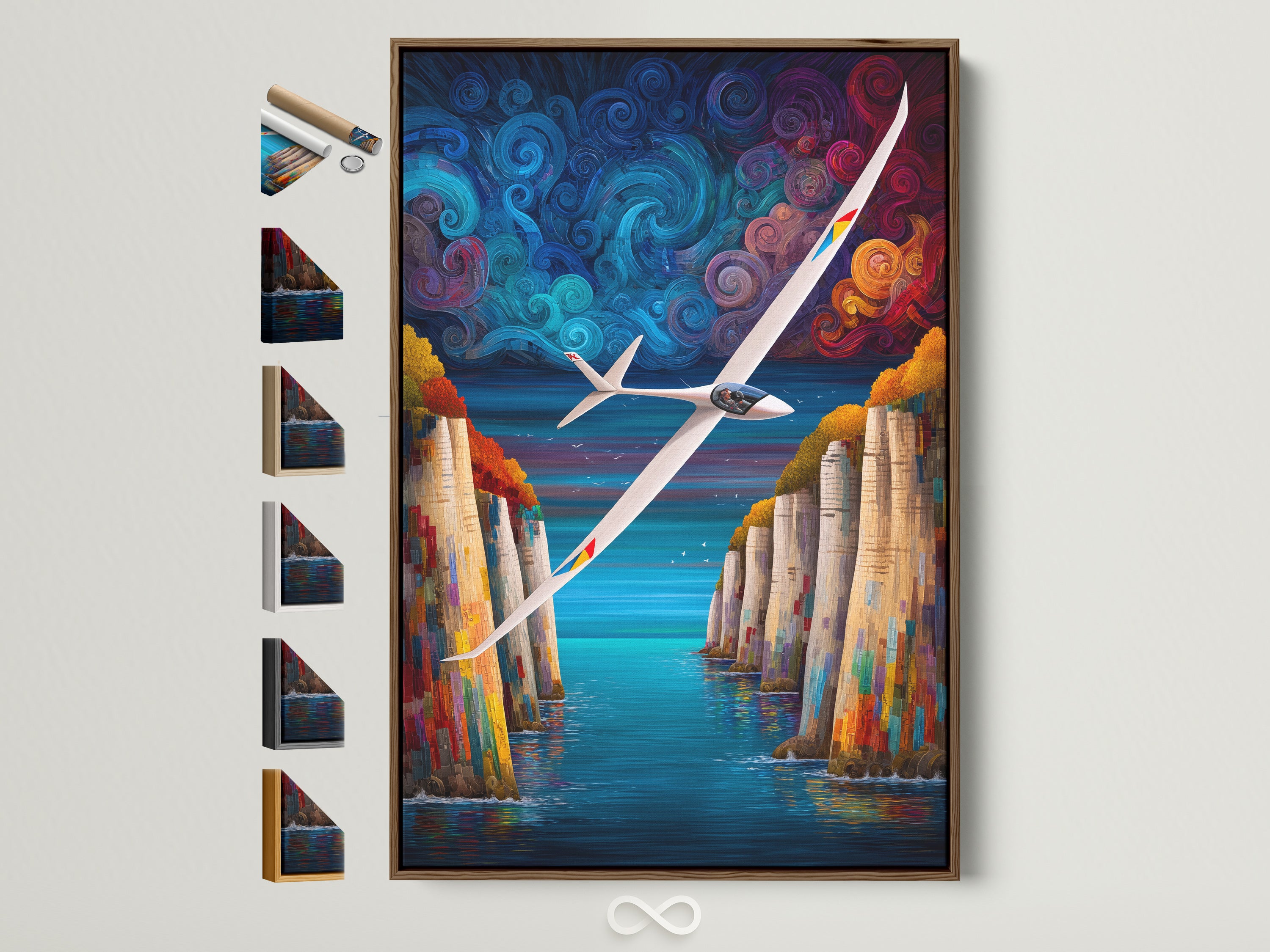 Sailplane artwork with a brown frame. The frame options are displayed on the side. This aviation wall art features a colorful cliff landscape. It is a perfect pilot gift or office decor piece