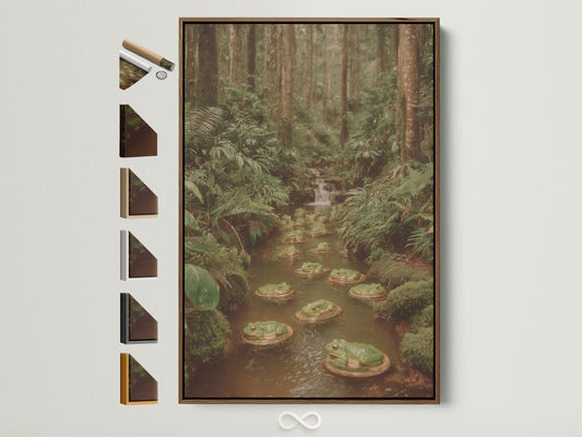 A framed botanical forest artwork featuring a serene frog pond. The artwork is displayed in a brown frame. Other frame options are shown on the side. This nature photography print brings a touch of wilderness art to any space. Perfect for study room decor or a nature-themed nursery. The artwork adds a bohemian & eclectic style to your home.