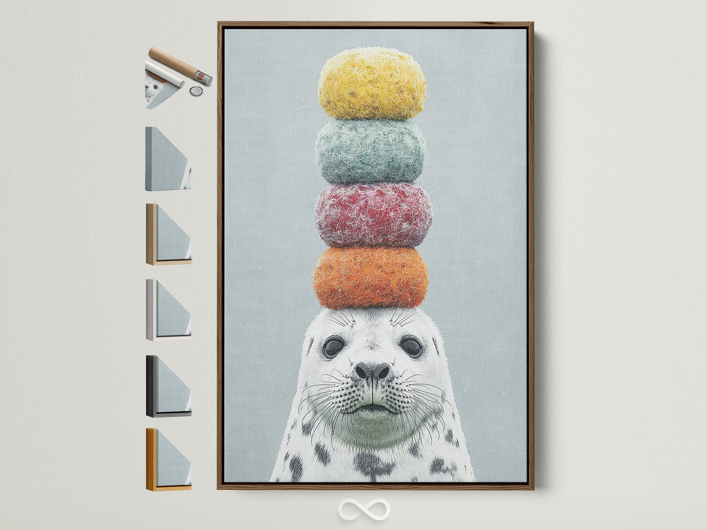 Whimsical seal artwork with colorful stacked macarons on its head. The art is framed in a brown frame. See available frame options. This playful animal art is perfect for a kids room or nursery. Add a touch of quirky charm to your home decor with this delightful seal canvas print.