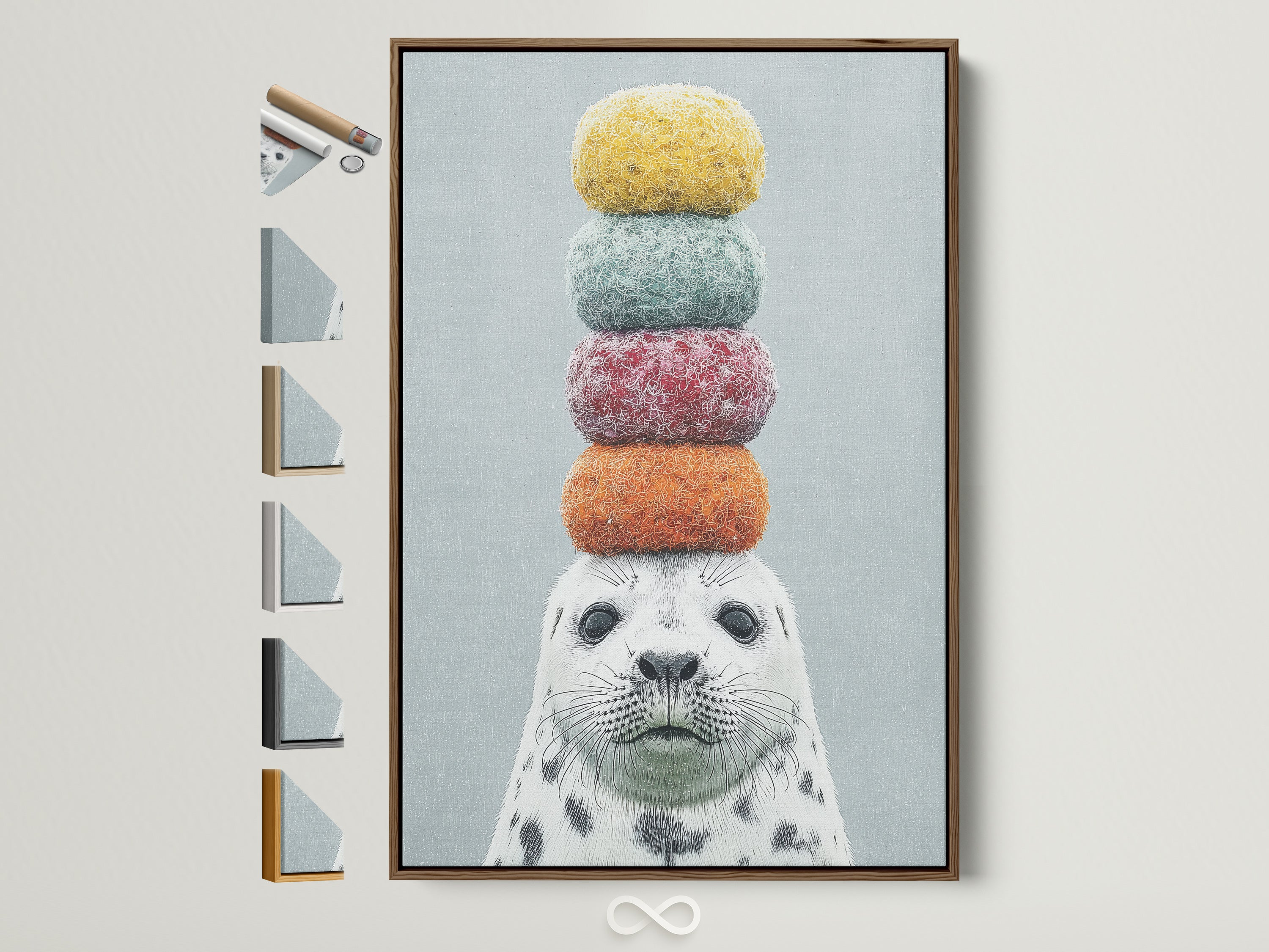 Whimsical seal artwork with colorful stacked macarons on its head. The art is framed in a brown frame. See available frame options. This playful animal art is perfect for a kids room or nursery. Add a touch of quirky charm to your home decor with this delightful seal canvas print.