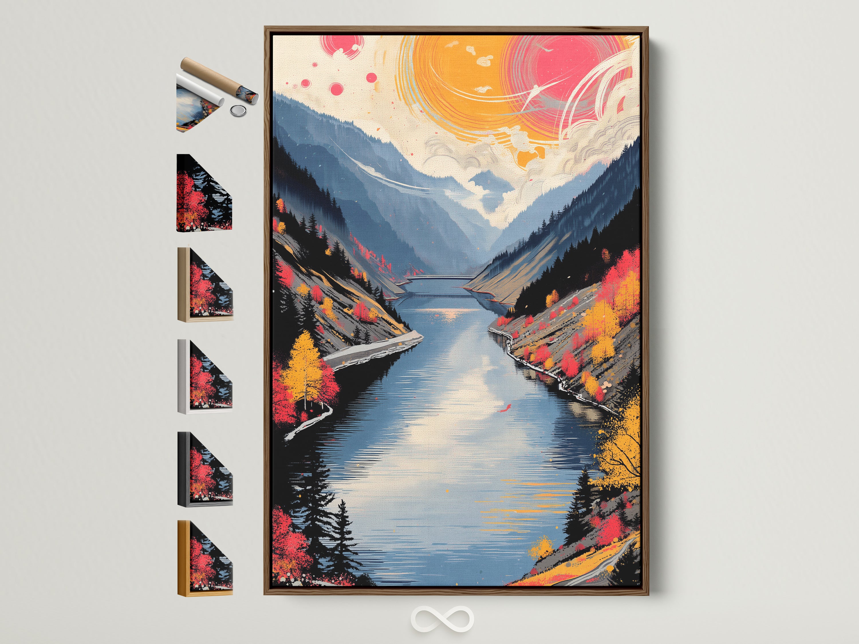Modern mountain lake art in a brown frame. The artwork features an autumn landscape with teal and coral colors. Frame options are displayed on the side offering a variety of styles. Perfect wall art for living rooms bedrooms and offices.