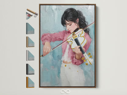 Violinist canvas art print displayed in a brown frame. See all frame color options to enhance this modern pink and teal wall artwork. Ideal musical artwork for a music room. This is the perfect gift for the musician in your life.