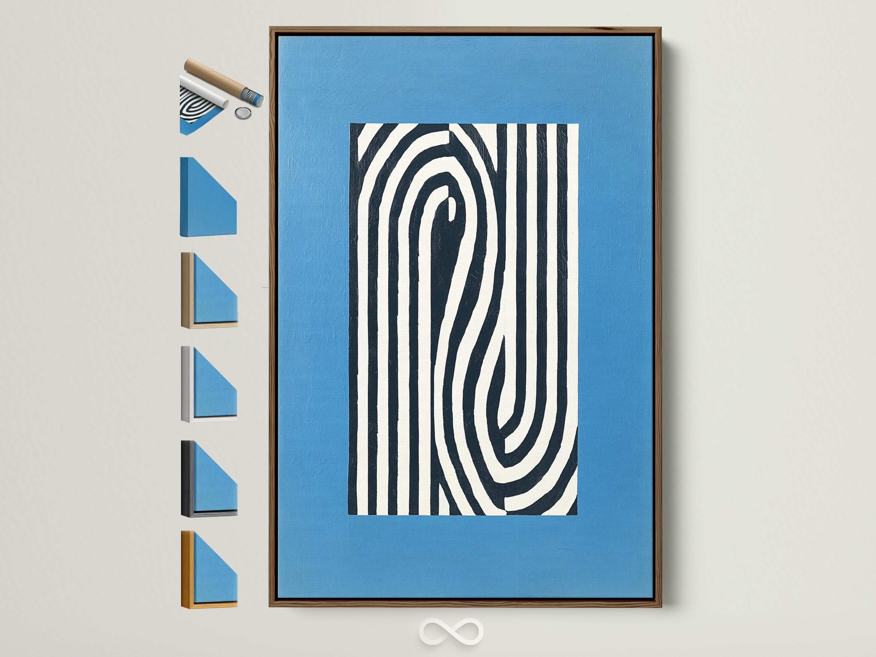 Modern wall art with a brown frame. The art features an abstract line pattern in black and white. The background has a light blue color. Discover a variety of frame options for your minimalist artwork. Elevate your home or office decor today.