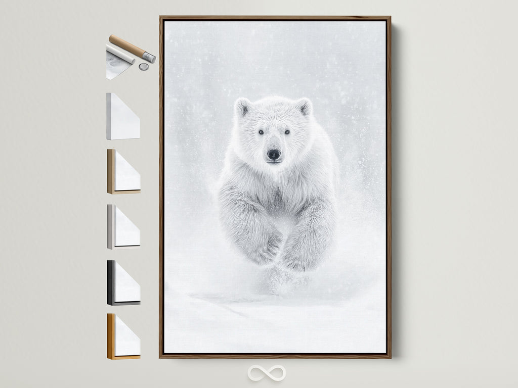 A polar bear artwork is showcased with various frame options displayed beside it. The brown frame accentuates the monochrome art adding warmth to the minimalist wall decor. Perfect arctic wildlife art for contemporary homes seeking nursery wall art.