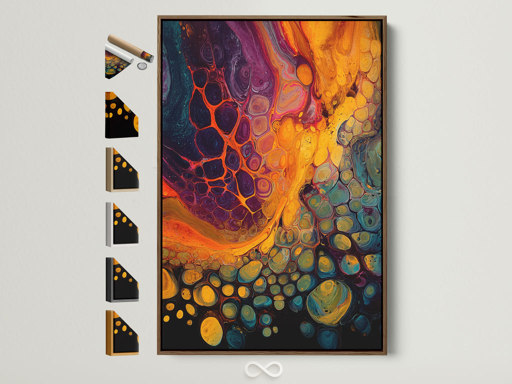 Explore framed art options. A brown frame showcases a vibrant abstract art print. View all available frame styles for your chosen artwork. Customize your art to perfectly complement your space. Find the ideal frame to elevate your artwork.