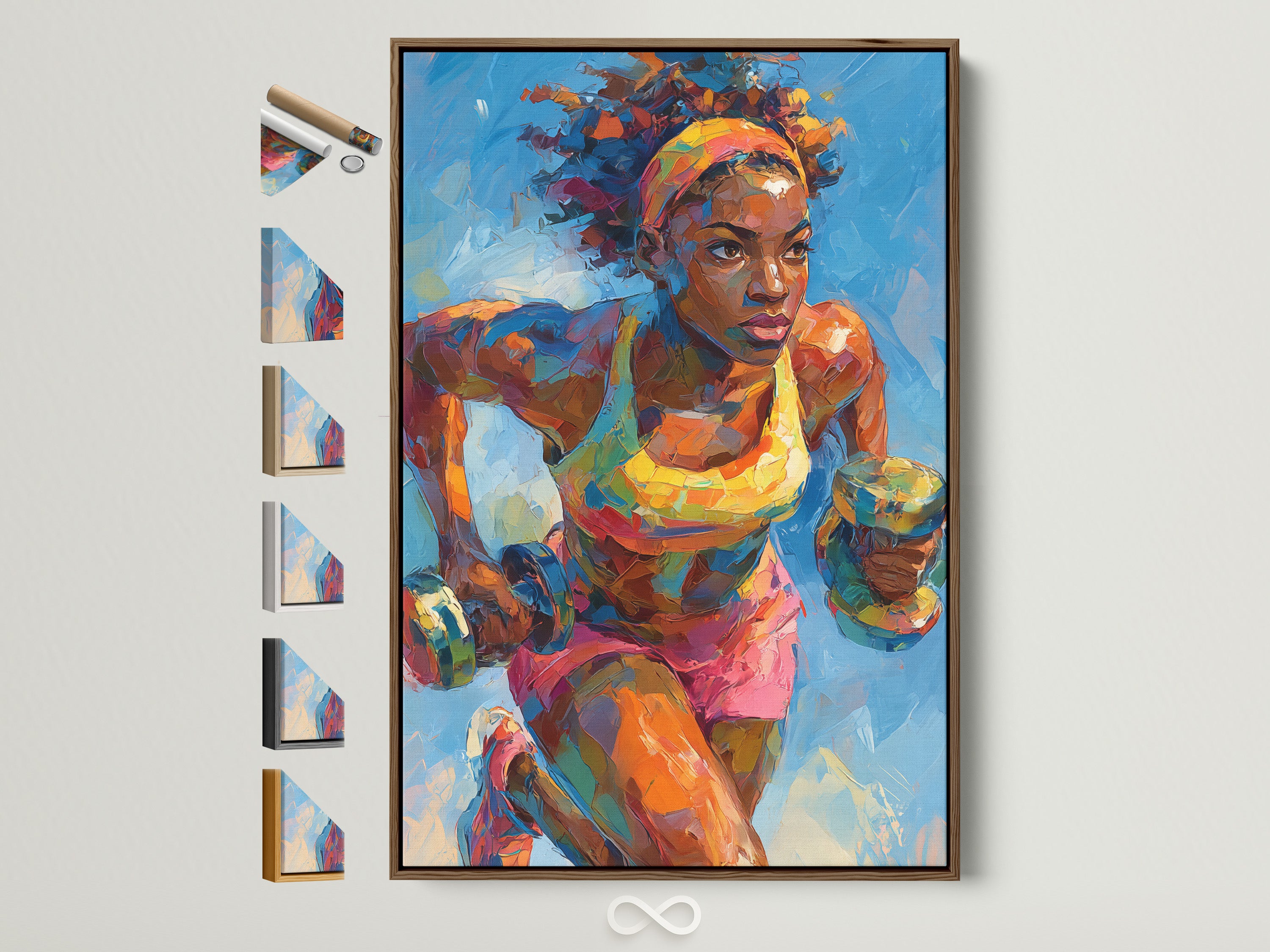 Explore frame options for the female boxer artwork. A brown frame surrounds the vibrant sports wall art. See all available frame choices displayed beside the framed artwork. Perfect for gym and office spaces. Get inspired by this athletic woman painting.