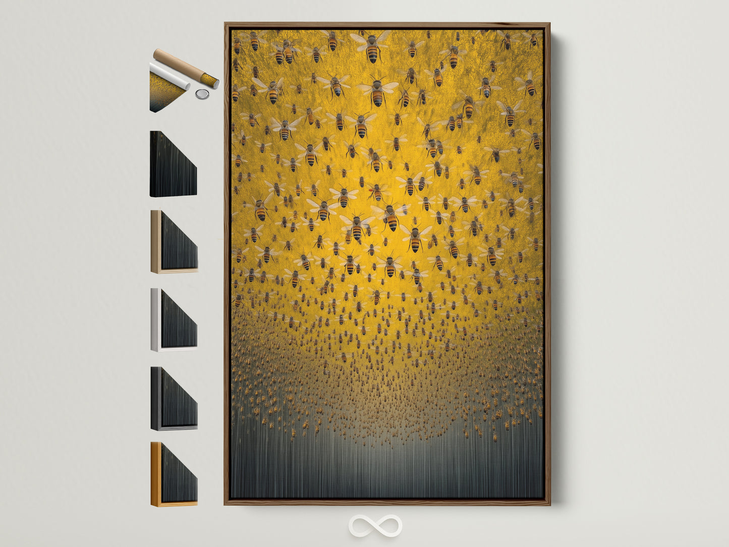 Explore frame options for the Honey Bee canvas art print. This brown frame displays all available styles. It allows homeowners to visualize the perfect fit for their decor. Consider minimalist Scandinavian coastal rustic industrial or eclectic styles.