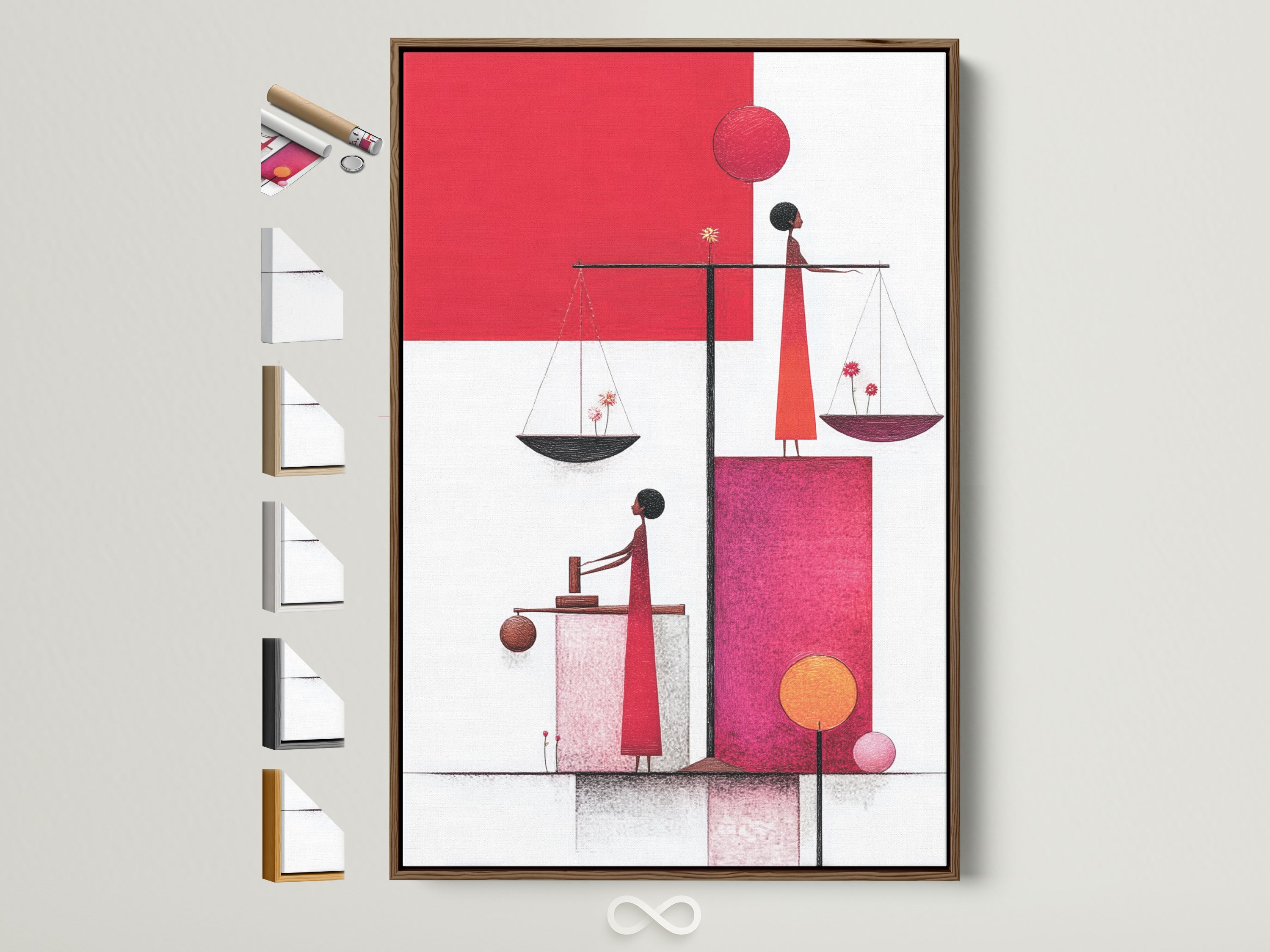 Modern abstract legal art in a brown frame. Explore the Justice Scales canvas print. This contemporary artwork is perfect for a law office. See frame options available on the side