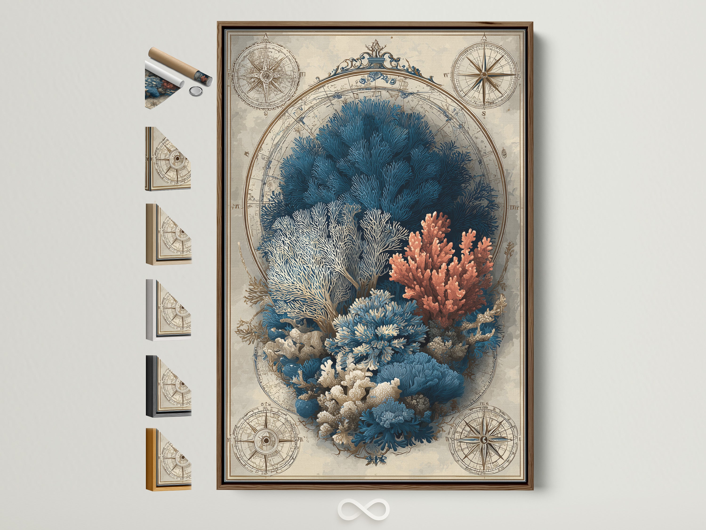 A framed artwork with a brown frame is displayed. This artwork has all frame options available on the side. The art features a vintage nautical theme with coral and compass details. Perfect wall art for ocean lovers.
