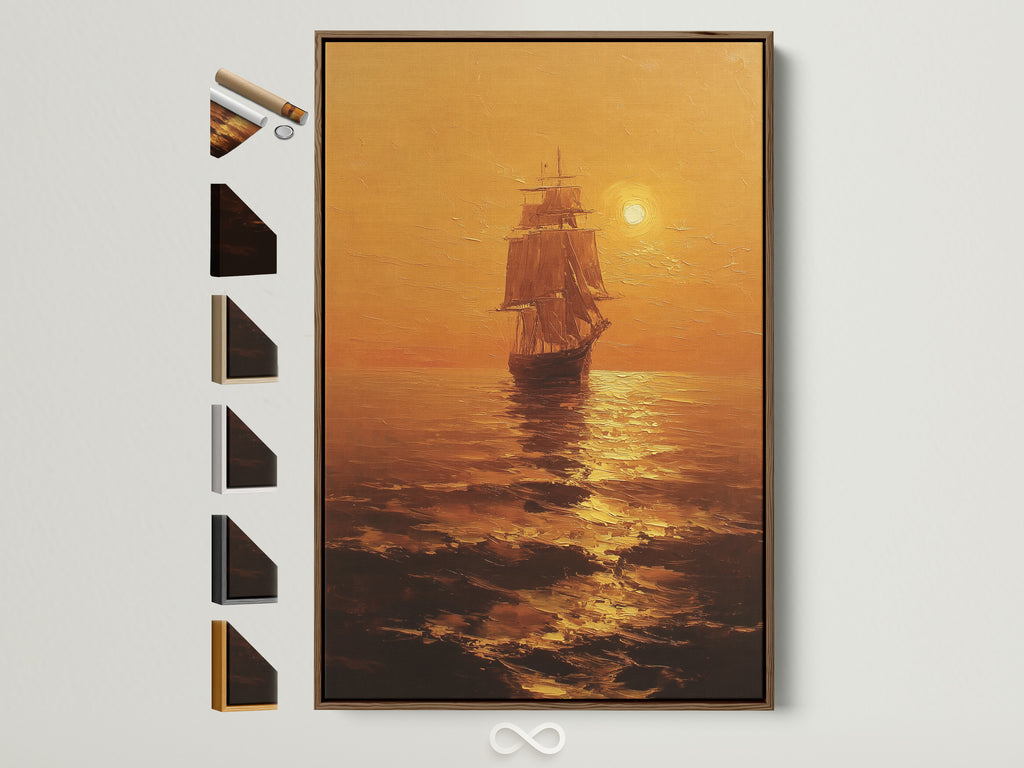 Brown frame displays a captivating seascape artwork. The art features a majestic ship sailing toward the sun. The piece evokes a sense of adventure. Perfect for adding nautical charm to any space. Frame options are visible adding to its appeal.