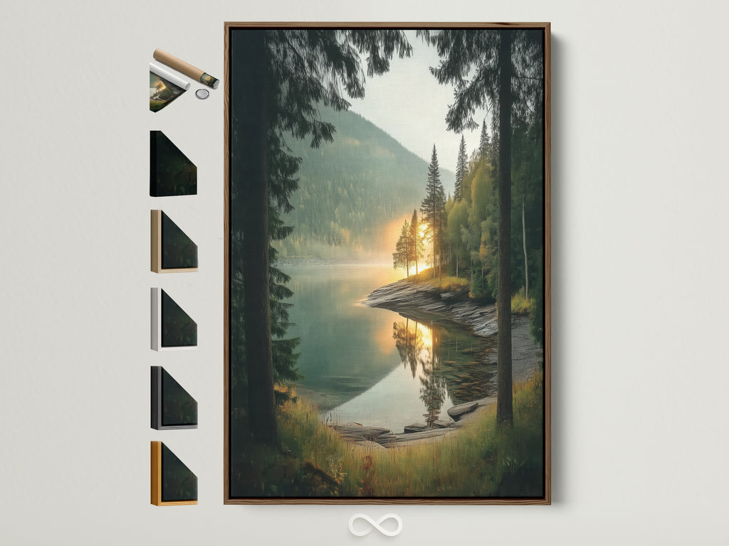 Explore framing options for your lake landscape artwork.  A brown frame is showcased alongside samples.  Find the ideal frame to complement your serene forest wall art and nature photography.